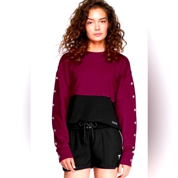 New~Victoria’s Secret LovePink Cropped Sweatshirt Top~snap sleeve design Lg - Picture 1 of 5
